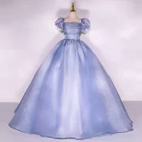 Elegantes Océano Azul Vestidos de gala 2022 Ball Gown Escote Cuadrado Hinchado Manga Corta Sin Espalda Largos Vestidos Formales