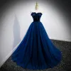 Elegant Royal Blue Suede Prom Dresses 2022 A-Line / Princess Strapless Sleeveless Backless Sweep Train Formal Dresses