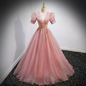 Chic Belle Rose Bonbon Robe De Bal 2022 Robe Boule V Cou Perlage Paillettes Gonflée Manches Courtes Dos Nu Longue Robe De Ceremonie
