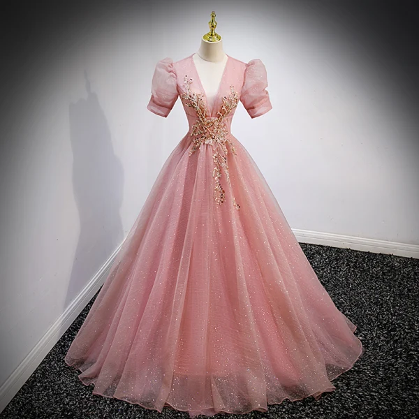 Chic / Beautiful Candy Pink Prom Dresses 2022 Ball Gown V-Neck Beading Sequins Puffy Short Sleeve Backless Floor-Length / Long Formal Dresses