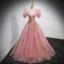 Chic / Beautiful Candy Pink Prom Dresses 2022 Ball Gown V-Neck Beading Sequins Puffy Short Sleeve Backless Floor-Length / Long Formal Dresses