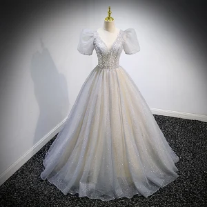 Charming Silver Grey Glitter Beading Sequins Prom Dresses 2022 Ball Gown V Neck Puffy Short Sleeve Backless Floor Length Long Formal Dresses Prom