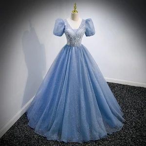 Chic Beautiful Sky Blue Glitter Beading Sequins Prom Dresses 2022 Ball Gown V Neck Short Sleeve Backless Floor Length Long Formal Dresses