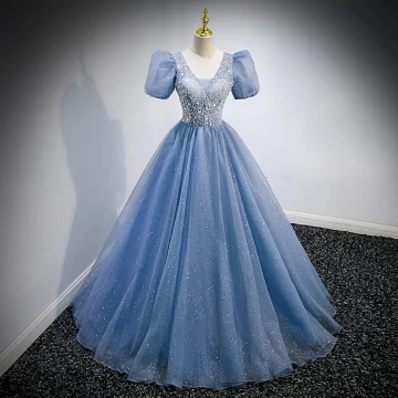 Chic Belle Bleu Ciel Glitter Perlage Paillettes Robe De Bal 2022 Robe Boule V Cou Manches Courtes Dos Nu Longue Robe De Ceremonie