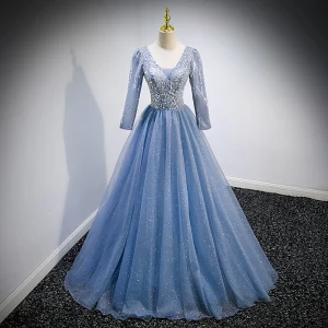 Chic Beautiful Sky Blue Glitter Beading Sequins Prom Dresses 2022 Ball Gown V Neck Long Sleeve Backless Floor Length Long Formal Dresses