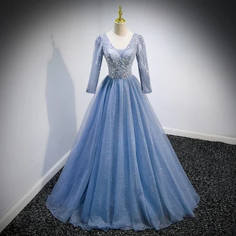 Chic Belle Bleu Ciel Glitter Perlage Paillettes Robe De Bal 2022 Robe Boule V Cou Manches Longues Dos Nu Longue Robe De Ceremonie