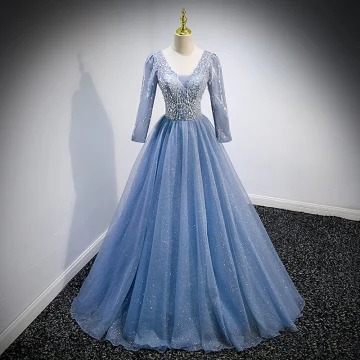 Chic Belle Bleu Ciel Glitter Perlage Paillettes Robe De Bal 2022 Robe Boule V Cou Manches Longues Dos Nu Longue Robe De Ceremonie