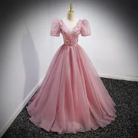 Elegant Blushing Pink Prom Dresses 2022 Ball Gown Floor-Length / Long V-Neck Beading Rhinestone Butterfly Appliques Puffy Short Sleeve Backless Formal Dresses