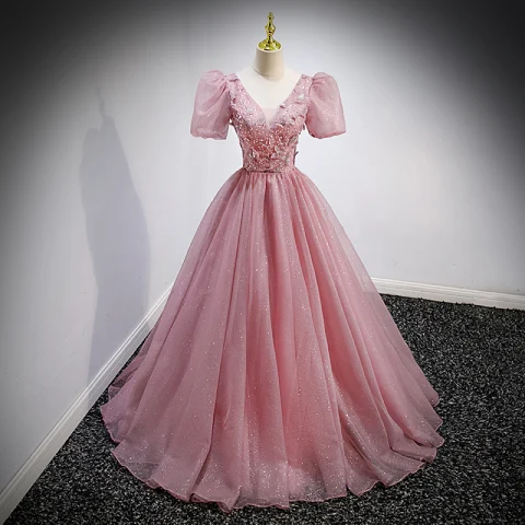 Elegante Rosa Ballkleider 2022 Ballkleid Lange V-Ausschnitt Perlenstickerei Strass Schmetterling Applikationen Geschwollenes Kurze Ärmel Rückenfreies Festliche Kleider