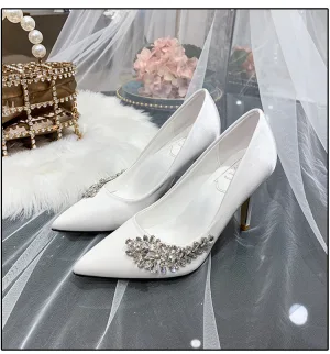 Snygga Fina Elfenben Rhinestone Brudskor 2022 9 Cm Stilettklackar Spetsiga Bröllop Pumps Högklackade