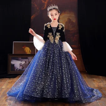 Scintillantes Bleu Marine Étoile Paillettes Anniversaire Robe Ceremonie Fille 2022 Robe Boule Encolure Carrée Faux Diamant En Dentelle Fleur Manches De Cloche Train De Balayage Robe Ceremonie Fille