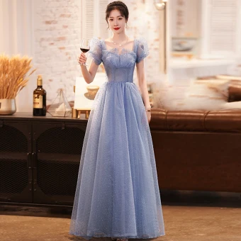 Élégant Bleu Glitter Robe De Bal 2022 Princesse Encolure Carrée Manches Courtes Dos Nu Longue Robe De Ceremonie
