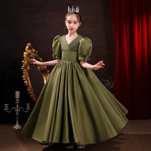 Simple Vert Trèfle Satin Anniversaire Robe Ceremonie Fille 2022 Robe Boule V Cou Gonflée Manches Courtes Dos Nu Longue Robe Ceremonie Fille