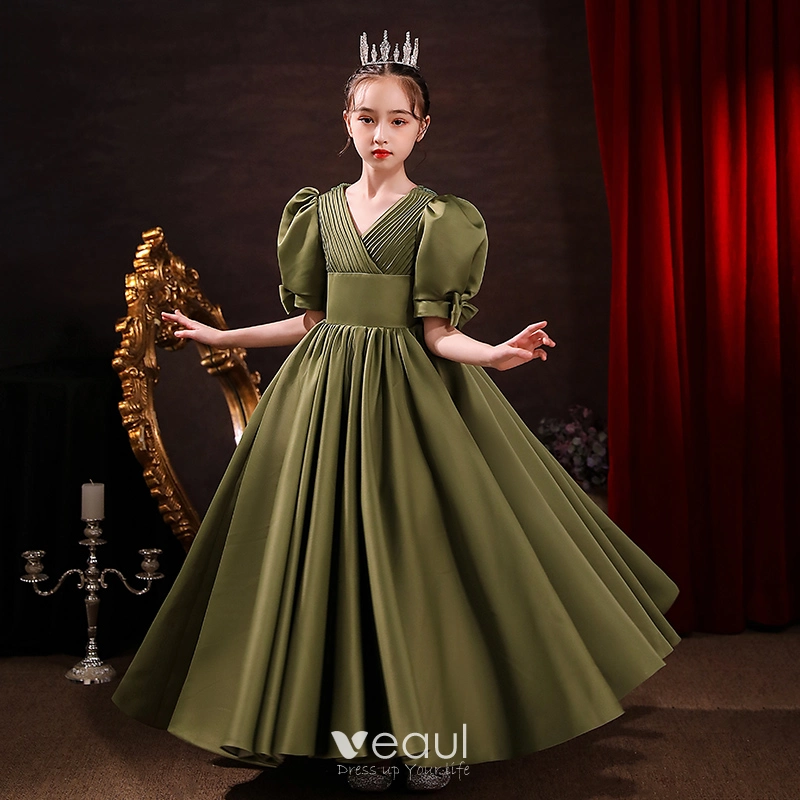Modest / Simple Clover Green Satin Birthday Flower Girl Dresses 2022 Ball Gown V-Neck Puffy Short Sleeve Backless Floor-Length / Long Flower Girl