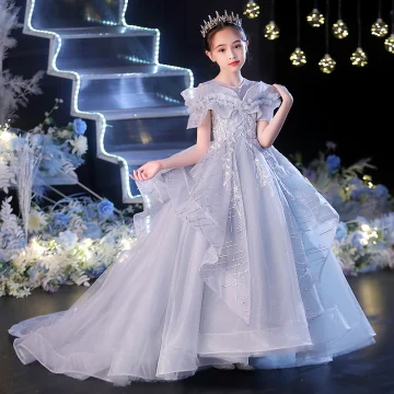 Classy Sky Blue Cascading Ruffles Flower Girl Dresses 2022 Ball Gown Scoop Neck Beading Sequins Short Sleeve Backless Court Train Flower Girl Dresses