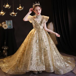 Sparkly Gold Beading Pearl Sequins Lace Flower Birthday Flower Girl Dresses 2022 Ball Gown High Neck Short Sleeve Court Train Flower Girl Dresses