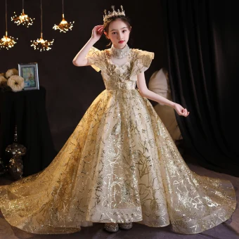 Scintillantes Doré Perlage Perle Paillettes En Dentelle Fleur Anniversaire Robe Ceremonie Fille 2022 Robe Boule Col Haut Manches Courtes Tribunal Train Robe Ceremonie Fille
