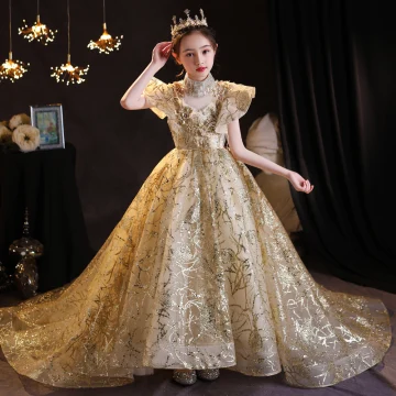 Sparkly Gold Beading Pearl Sequins Lace Flower Birthday Flower Girl Dresses 2022 Ball Gown High Neck Short Sleeve Court Train Flower Girl Dresses
