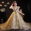 Sparkly Gold Beading Pearl Sequins Lace Flower Birthday Flower Girl Dresses 2022 Ball Gown High Neck Short Sleeve Court Train Flower Girl Dresses
