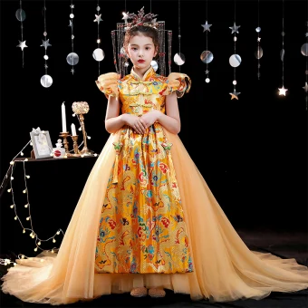 Chinese Style Yellow Printing Birthday Flower Girl Dresses 2022 Ball Gown High Neck Puffy Short Sleeve Court Train Flower Girl Dresses