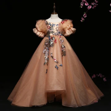 Flower Fairy Champagne Flower Girl Dresses 2022 Ball Gown Scoop Neck Lace Flower Sequins Appliques Puffy Short Sleeve Backless Floor Length Long Flower Girl Dresses