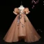 Flower Fairy Champagne Flower Girl Dresses 2022 Ball Gown Scoop Neck Lace Flower Sequins Appliques Puffy Short Sleeve Backless Floor-Length / Long Flower Girl Dresses