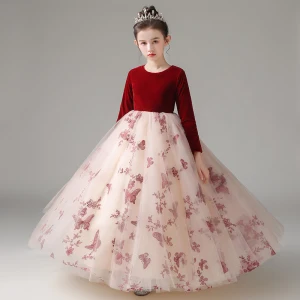 Chic Beautiful Burgundy Suede Birthday Flower Girl Dresses 2022 Ball Gown Scoop Neck Lace Butterfly Long Sleeve Floor Length Long Flower Girl Dresses