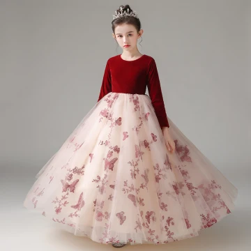 Chic Beautiful Burgundy Suede Birthday Flower Girl Dresses 2022 Ball Gown Scoop Neck Lace Butterfly Long Sleeve Floor Length Long Flower Girl Dresses