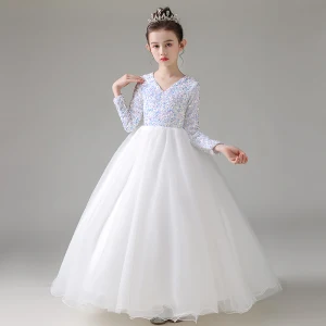 Chic Belle Ivoire Paillettes Anniversaire Robe Ceremonie Fille 2022 Robe Boule V Cou Manches Longues Longue Robe Ceremonie Fille