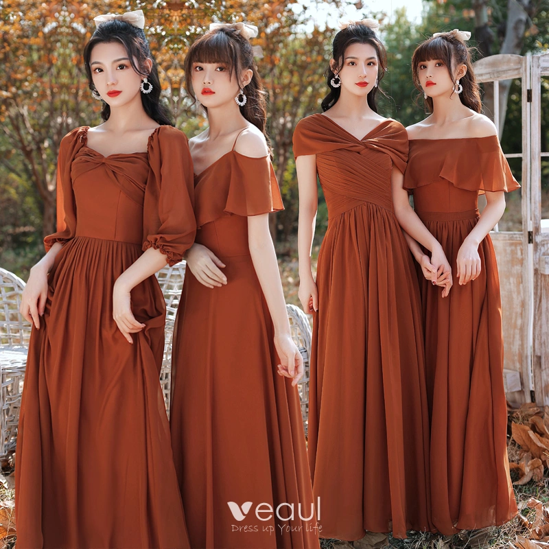 Modest / Simple Caramel Bridesmaid Dresses 2021 A-Line / Princess Short  Sleeve Backless Floor-Length / Long Wedding Party Dresses