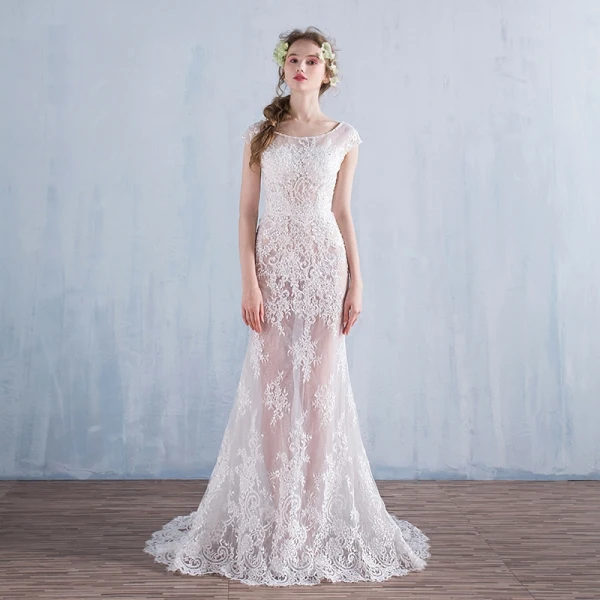 Modern / Fashion A-Line / Princess Beach Wedding Dresses 2017 Short Sleeve Backless Appliques White Glitter Lace Bow Sash Detachable Chapel Train