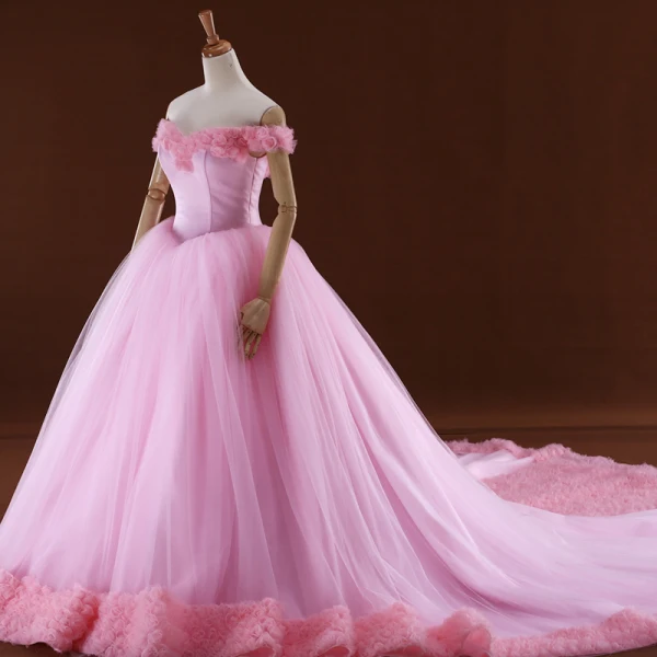 Romantic Candy Pink Ball Gown Corset Wedding Dresses 2017 Off-The-Shoulder Short Sleeve Backless Tulle Flower Cathedral Train