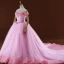 Romantic Candy Pink Ball Gown Corset Wedding Dresses 2017 Off-The-Shoulder Short Sleeve Backless Tulle Flower Cathedral Train