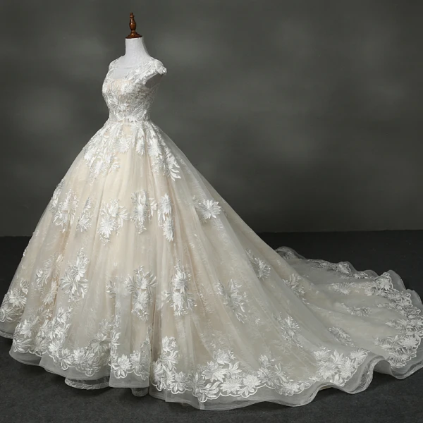 Luxe Champagne Robe Boule Robe De Mariée 2017 Encolure Dégagée Manches Courtes Volants Organza Dentelle Tribunal Train