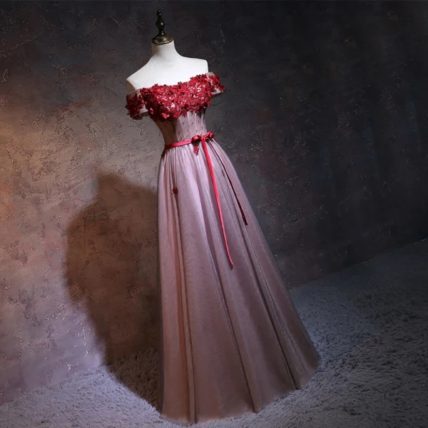 Chic / Beautiful Prom Dresses 2017 Off-The-Shoulder Short Sleeve Appliques Lace Flower Beading Bow Backless Floor-Length / Long Formal Dresses