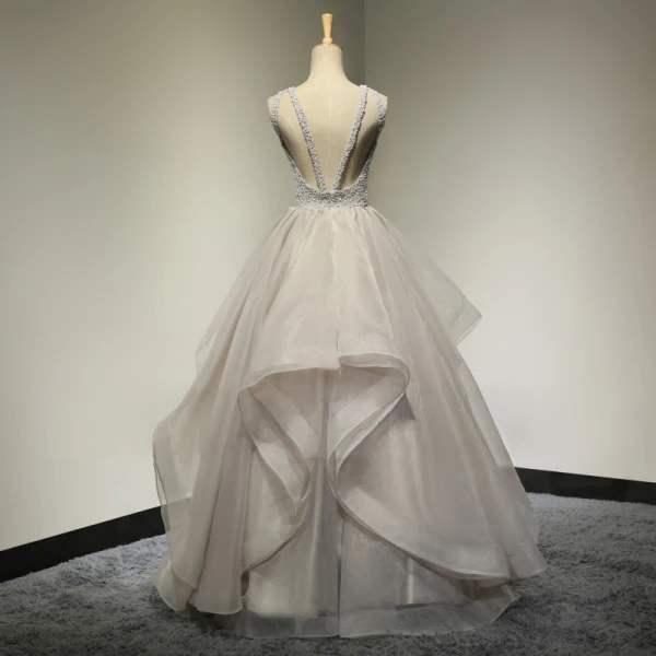 Chic / Beautiful Grey Prom Dresses 2017 Formal Dresses Evening Dresses  A-Line / Princess Scoop Neck Sleeveless Beading Ruffle Backless Organza