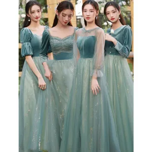 Simple Vert Jade Daim Robe Demoiselle D Honneur 2022 Princesse Manches Courtes Dos Nu Paillettes Longue Robe Pour Mariage