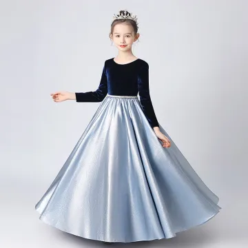Vintage Originale Bleu Marine Daim Satin Anniversaire Robe Ceremonie Fille 2022 Princesse Encolure Dégagée Manches Longues Longue Robe Ceremonie Fille