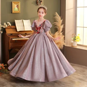 Scintillantes Lavande Glitter Paillettes En Dentelle Fleur Robe Ceremonie Fille 2022 Robe Boule Anniversaire Encolure Dégagée Manches Courtes Dos Nu Longue Robe Ceremonie Fille