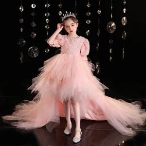 Mode Rougissant Rose Volants En Cascade Anniversaire Soirée Robe Ceremonie Fille 2022 Robe Boule Encolure Dégagée Paillettes Manches Courtes Dos Nu Tribunal Train Robe Ceremonie Fille