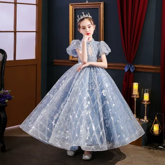 Scintillantes Bleu Ciel Perle Faux Diamant Paillettes Anniversaire Robe Ceremonie Fille 2022 Robe Boule Col Haut Gonflée Manches Courtes Dos Nu Longue Robe Ceremonie Fille