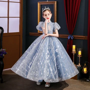 Sparkly Sky Blue Pearl Rhinestone Sequins Birthday Flower Girl Dresses 2022 Ball Gown High Neck Puffy Short Sleeve Backless Floor Length Long Flower Girl Dresses