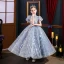 Sparkly Sky Blue Pearl Rhinestone Sequins Birthday Flower Girl Dresses 2022 Ball Gown High Neck Puffy Short Sleeve Backless Floor-Length / Long Flower Girl Dresses