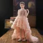 Chic / Beautiful Pearl Pink Beading Lace Sequins Cascading Ruffles Birthday Flower Girl Dresses 2022 Ball Gown High Neck 1/2 Sleeves Sweep Train Flower Girl Dresses
