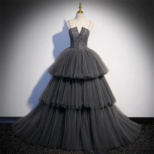 Elegantes Gris Con Encaje Flor Volantes En Cascada Vestidos De Gala 2022 Ball Gown Spaghetti Straps Sin Mangas Sin Espalda Colas De Barrido Vestidos Formales