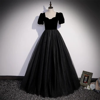 Élégant Noire Daim Robe De Bal 2022 Princesse Encolure Carrée Manches Courtes Longue Robe De Ceremonie