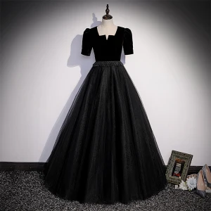 Élégant Noire Daim Robe De Bal 2022 Princesse Encolure Carrée Perlage Gland Manches Courtes Longue Robe De Ceremonie