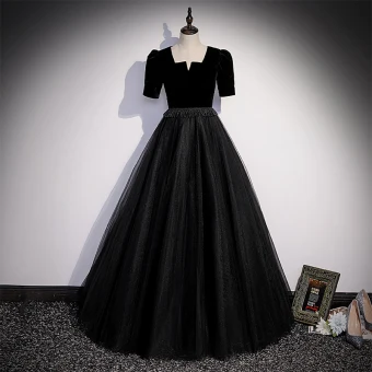 Élégant Noire Daim Robe De Bal 2022 Princesse Encolure Carrée Perlage Gland Manches Courtes Longue Robe De Ceremonie