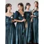 Modest / Simple Ink Blue Suede Bridesmaid Dresses 2022 A-Line / Princess V-Neck Short Sleeve Backless Floor-Length / Long Wedding Party Dresses
