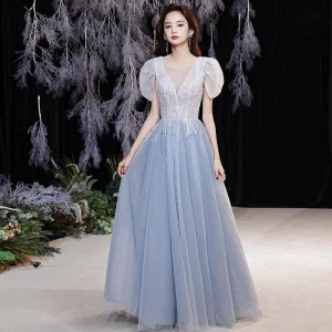 Charmant Bleu Ciel Robe De Bal 2022 Princesse Encolure Dégagée Perle Perlage Paillettes Manches Courtes Dos Nu Longue Robe De Ceremonie